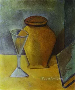 Pablo Picasso Painting - Pot Wine Glass and Book 1908 Pablo Picasso